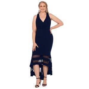 XSCAPE Womens Plus Size Illusion Scuba Midi High-Low Dress, NWT